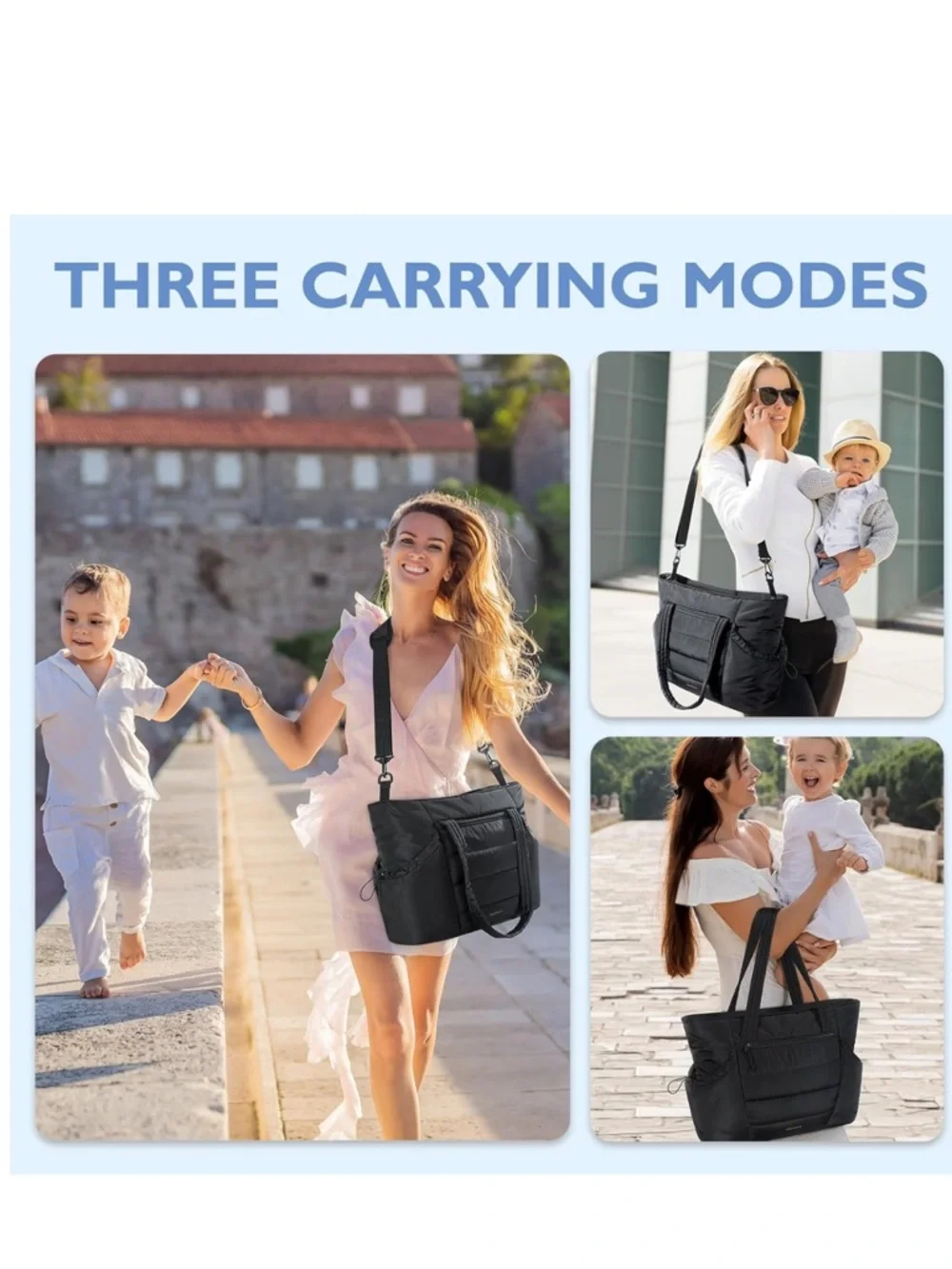 Black Women’s Baby Diaper Tote Bag with Convertible Straps